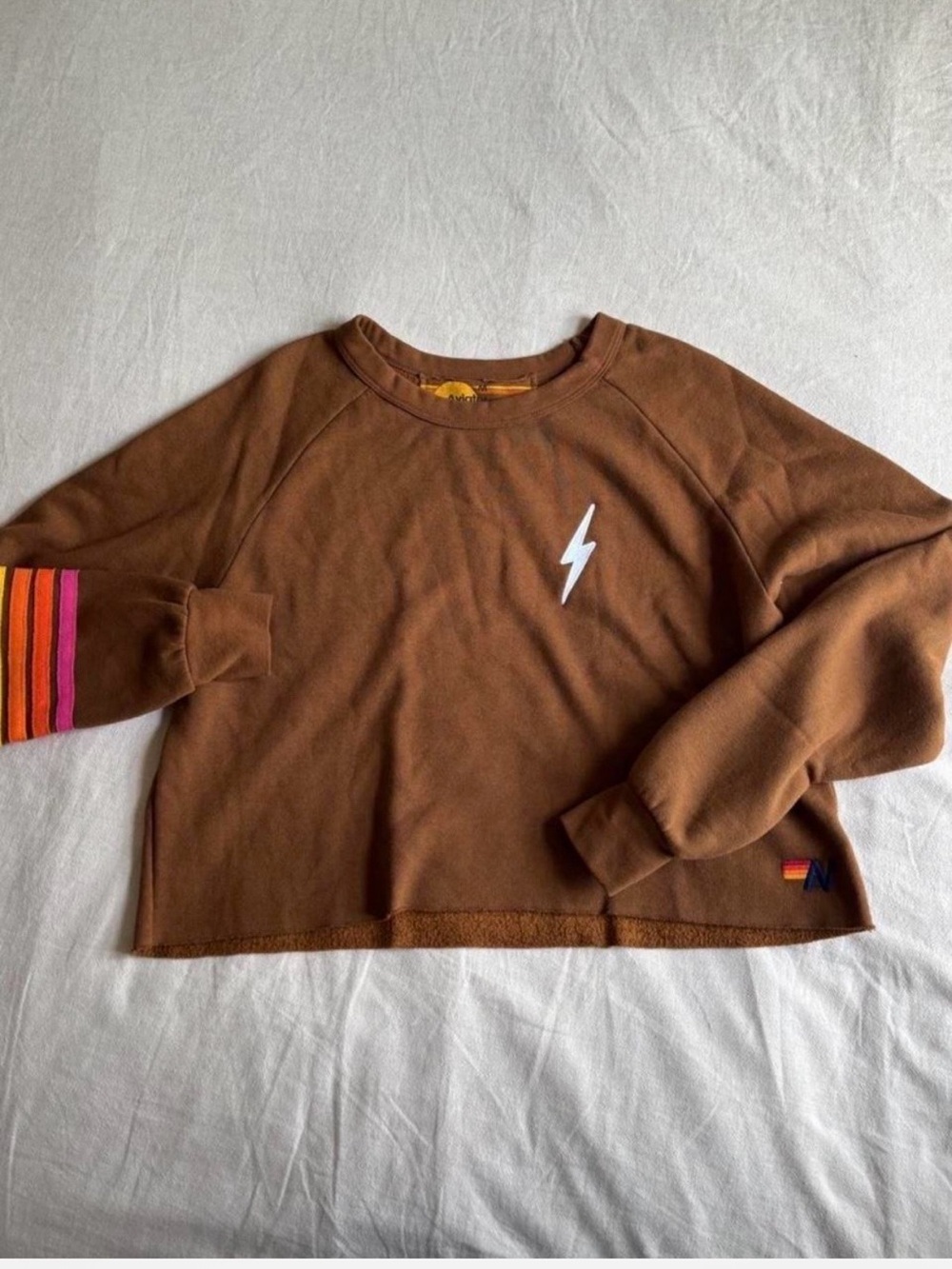 NWOT Aviator Nation Brown Lightning Bolt Cropped Sweater with Stripe Detail